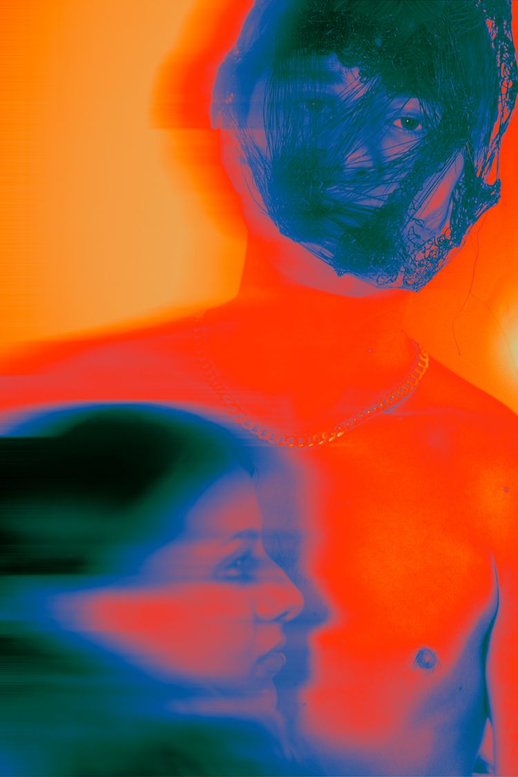 Abstract portrait in vibrant orange and blue with double exposure effect.
