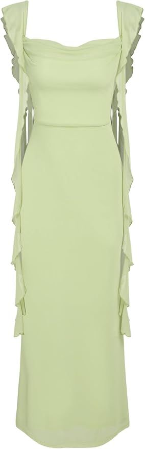Elegant light green evening gown with ruffled sleeves and square neckline features a fitted silhouette and floor-length design.