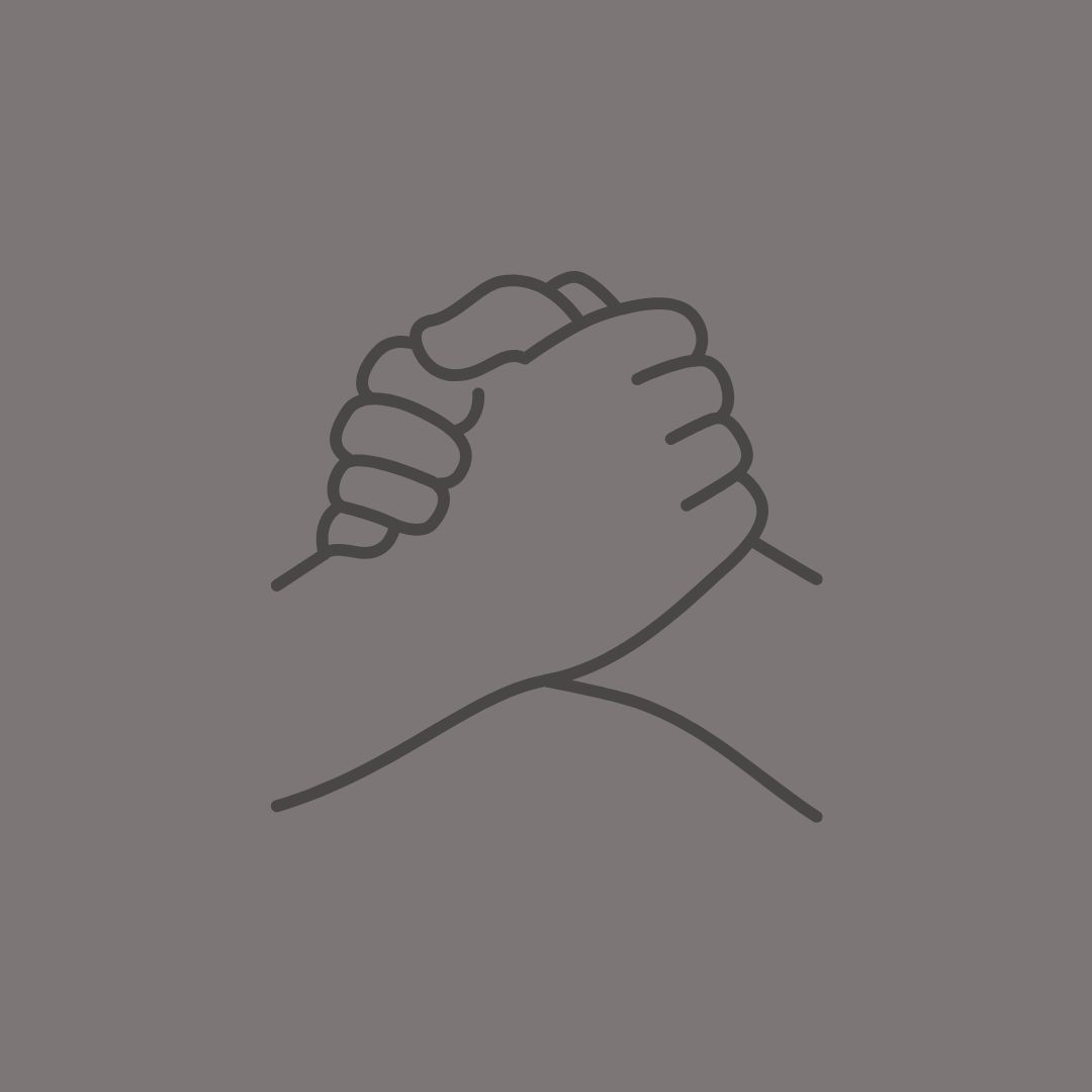 Simple line drawing of two hands clasped together in unity or solidarity on a gray background.