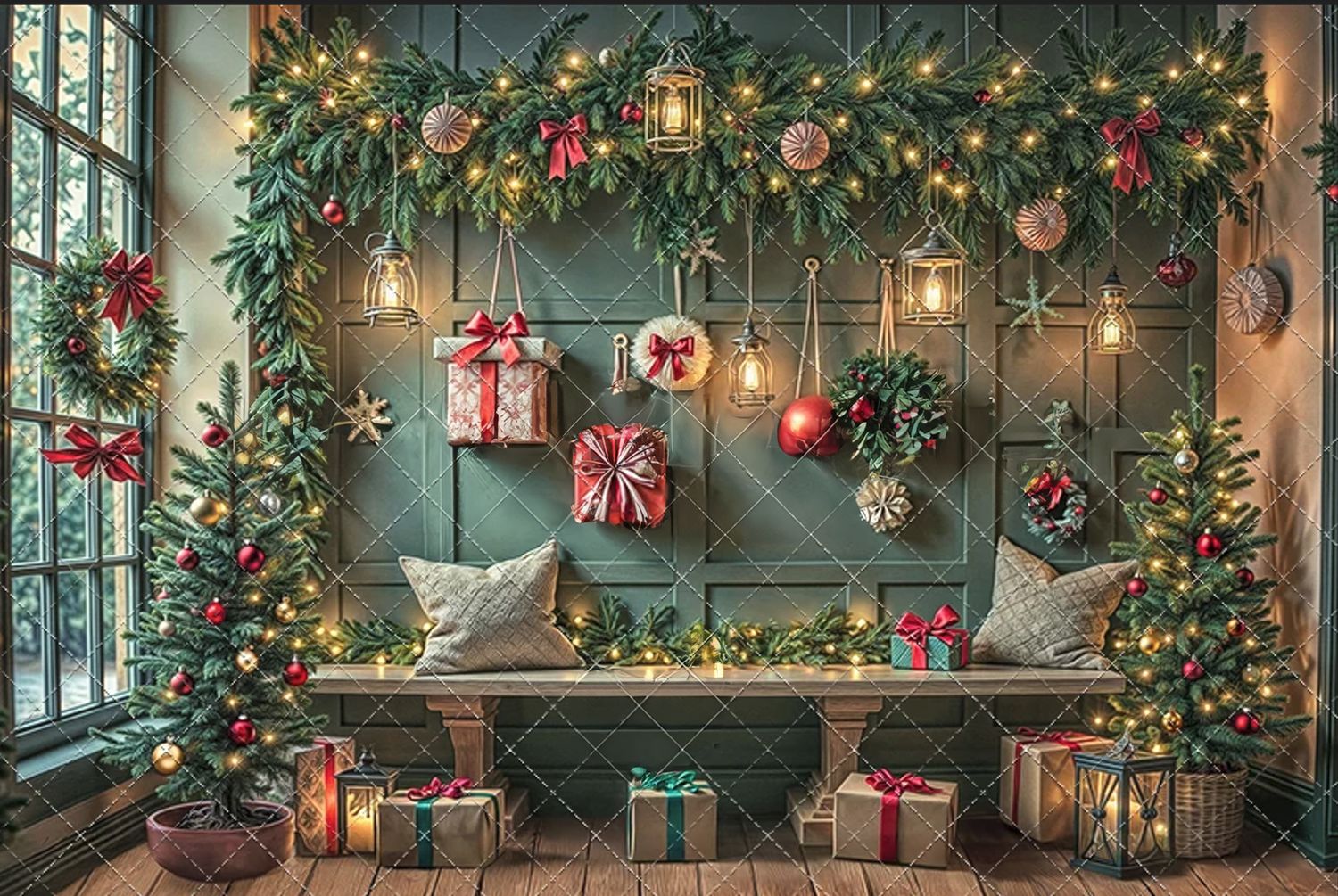Family Session Graphic with text about Session details Austin Family Photography Christmas green house background with shabby bench.