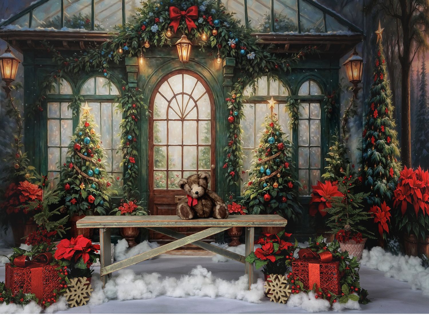 Family Session Graphic with text about Session details Austin Family Photography Christmas green house background with shabby bench.