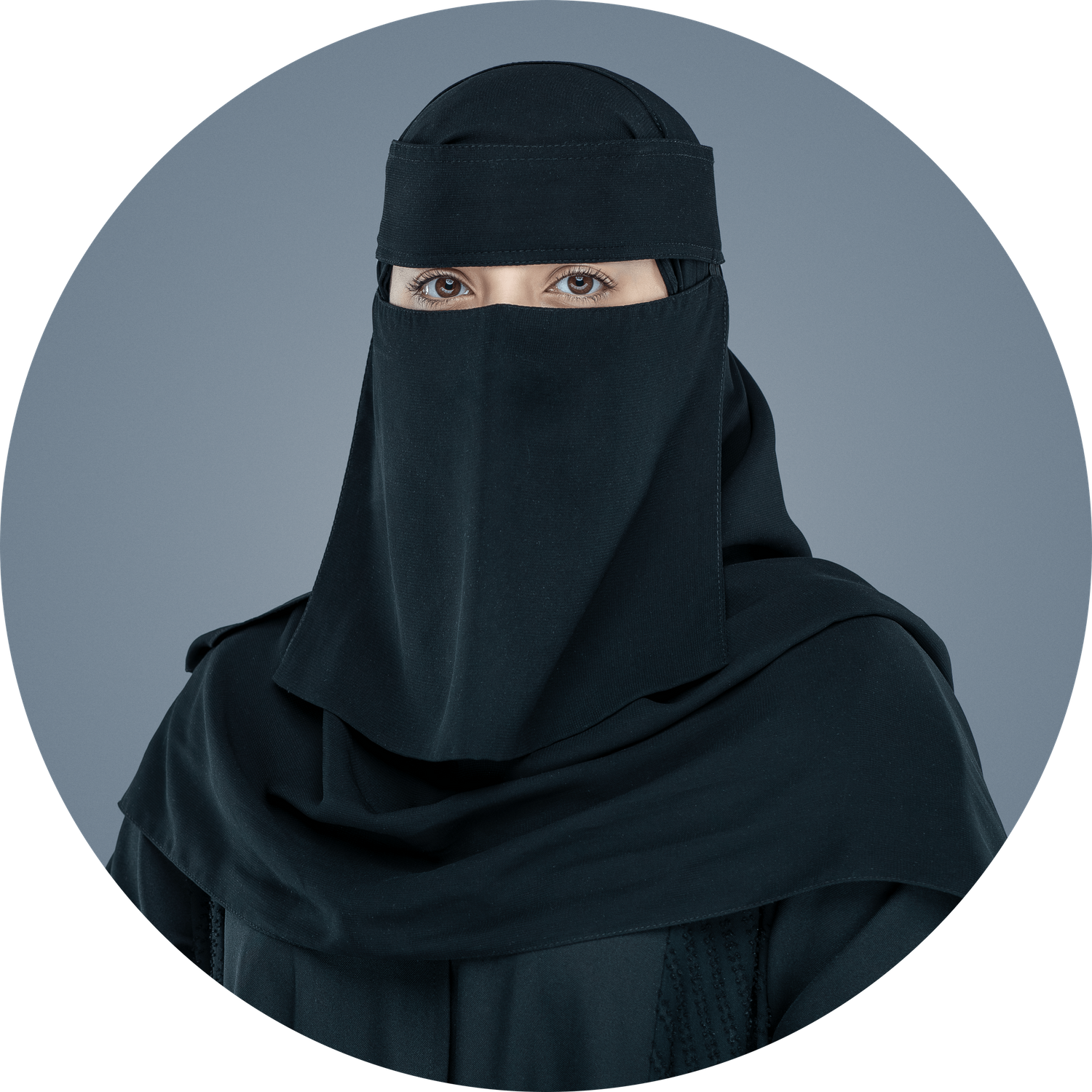 A portrait of someone wearing a black niqab and hijab against a gray background.