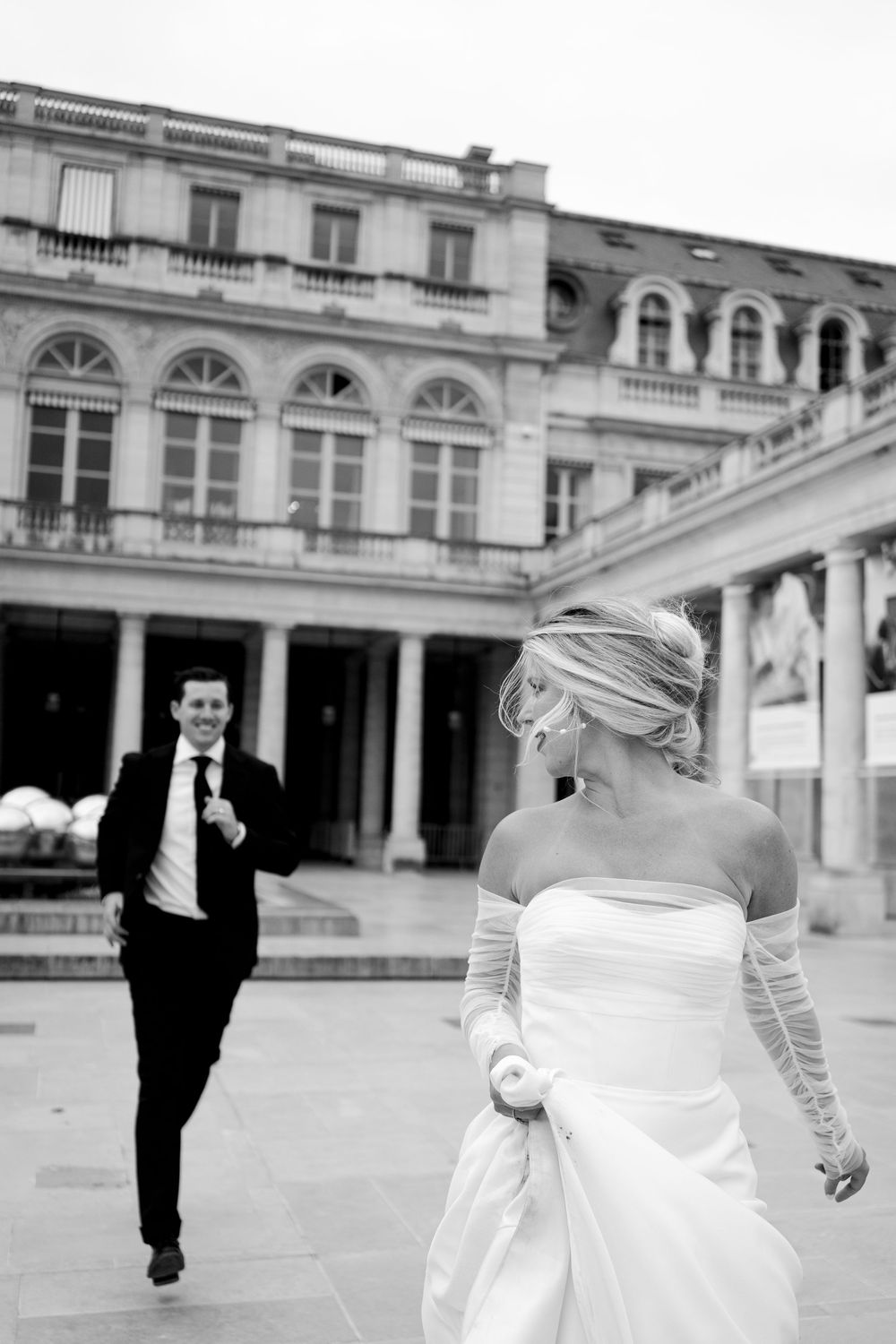 Artistic black and white wedding photo sequence showing bride in white dress walking with groom in formal attire.