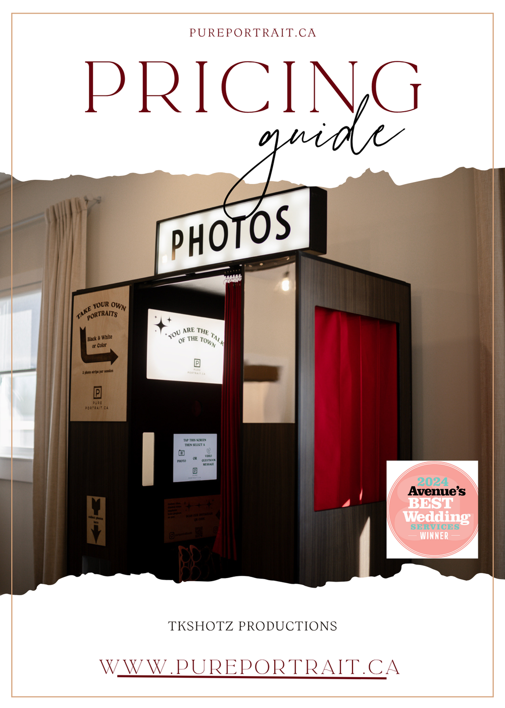 A series of photo booth style images showing red curtains and signage for pricing and photos in a professional studio.