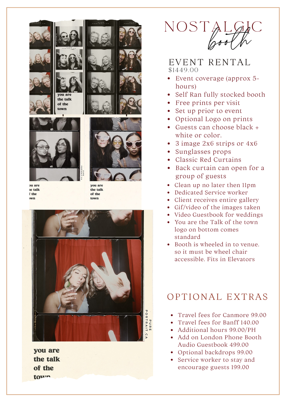 A collage of photo booth style images and text layouts showcasing event rental information and pricing details.