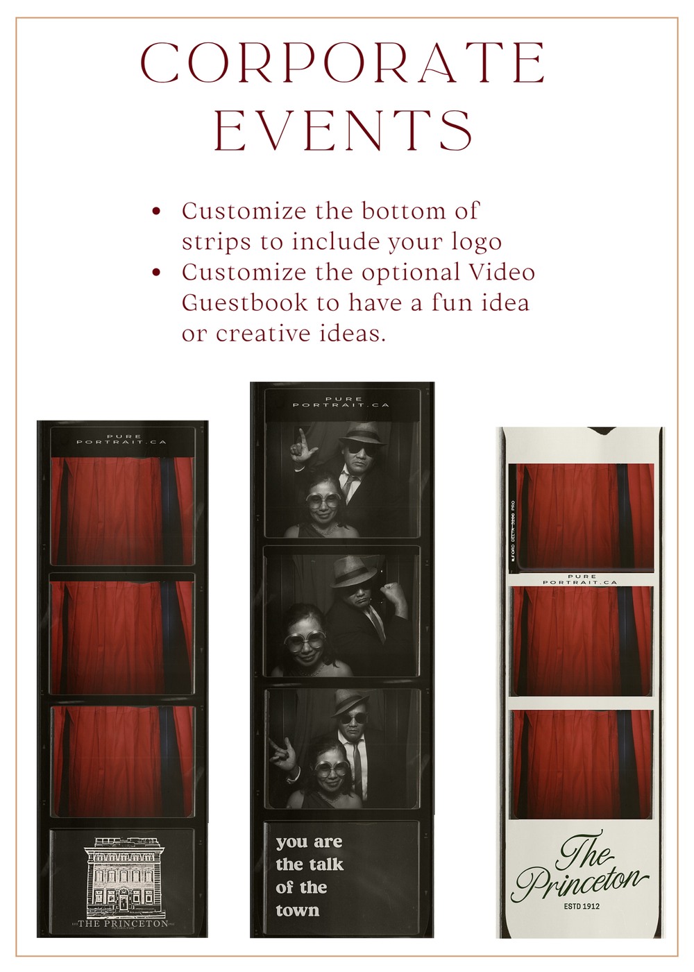 Photo booth strip mockups showing corporate branding and event customization options with red curtain backgrounds.