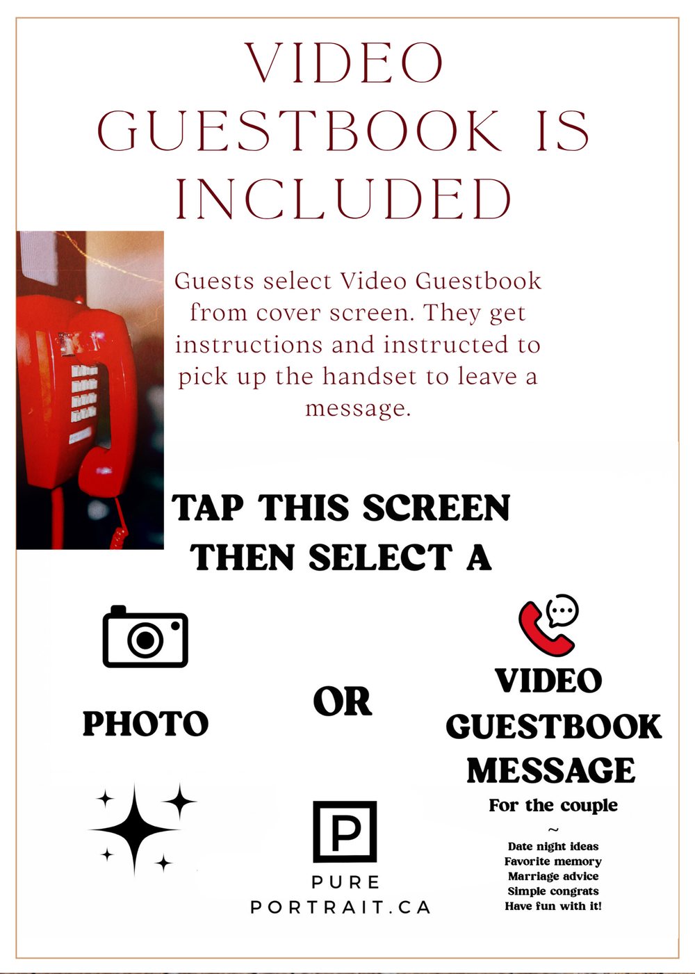 Red digital video guestbook kiosk interface showing tap screen instructions for wedding guests to leave messages.
