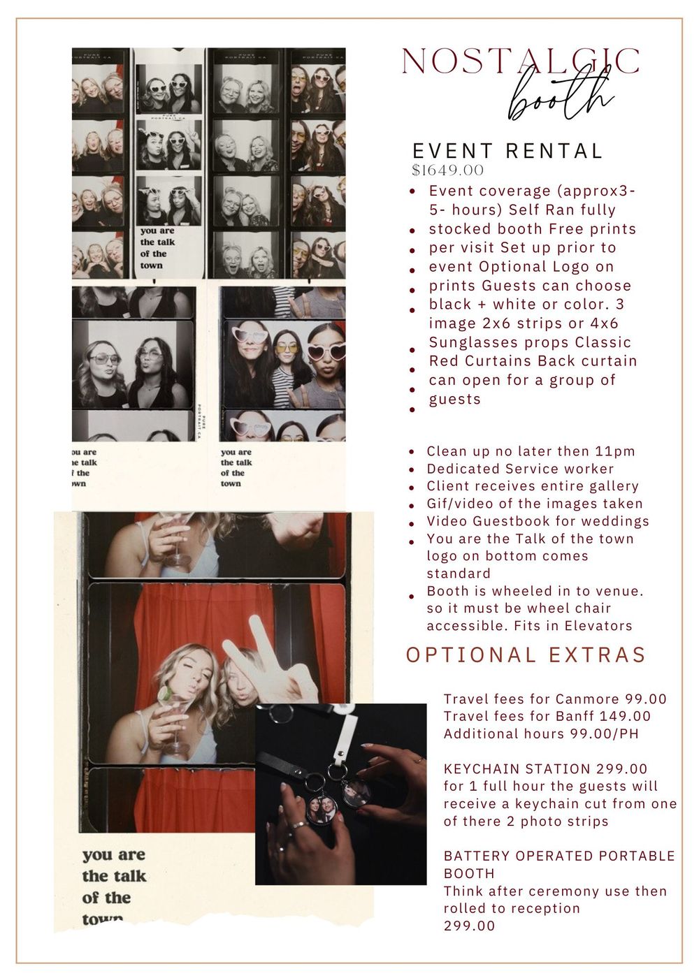 Nostalgic Booth photo booth rental service flyer showing event packages, optional extras, and sample photo strips.