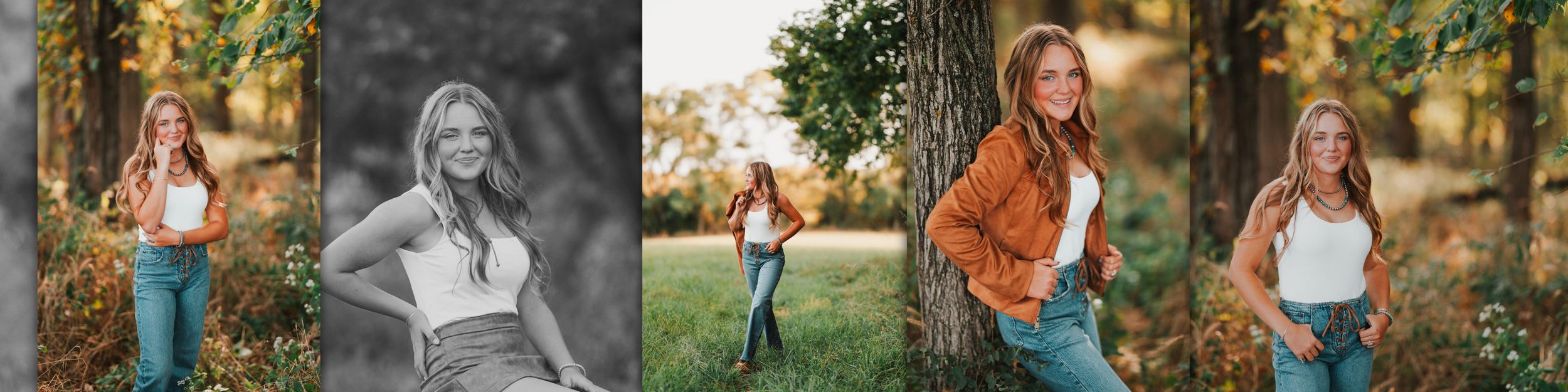 A collection of outdoor portrait photography shots arranged in a horizontal collage showing natural autumn scenery.