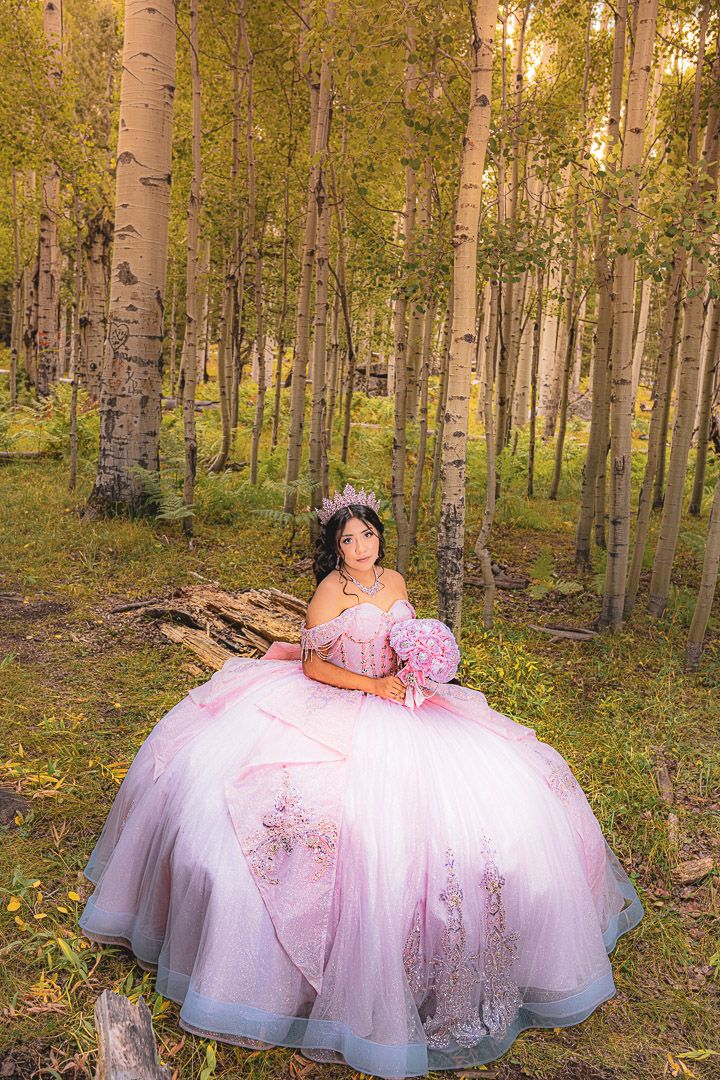 An elegant pink ball gown displayed against a backdrop of golden aspen trees in an autumn forest.