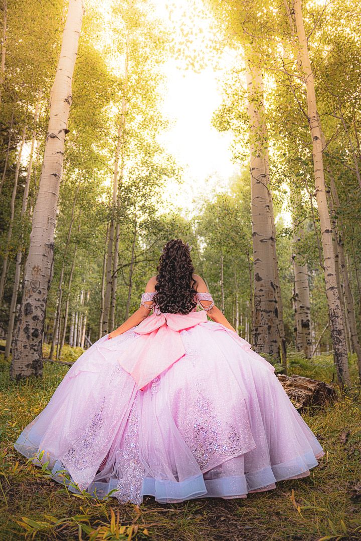 Pink tulle ballgown skirts displayed in sequence among a sunlit birch forest creating a dreamy woodland scene.