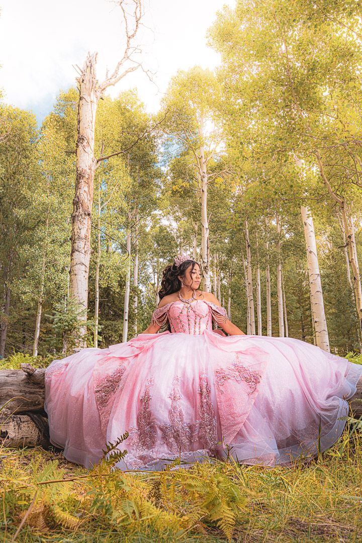 A voluminous pink dress spreads across forest floor surrounded by golden aspen trees.