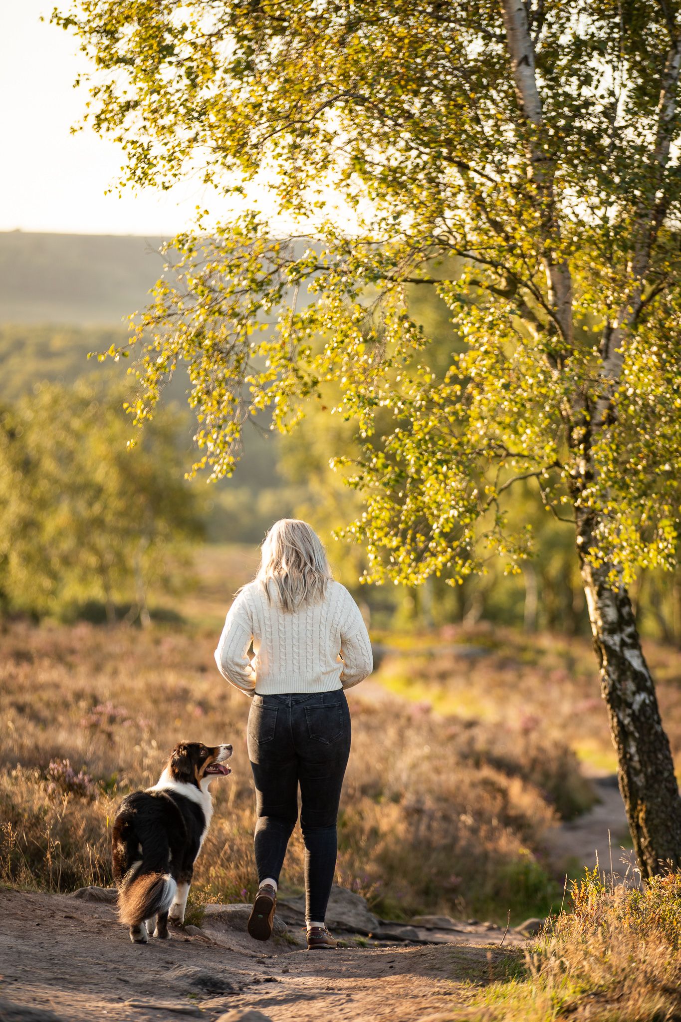 A white pony and someone in colorful clothing stand in shallow water on a sunny day in a wooded area.