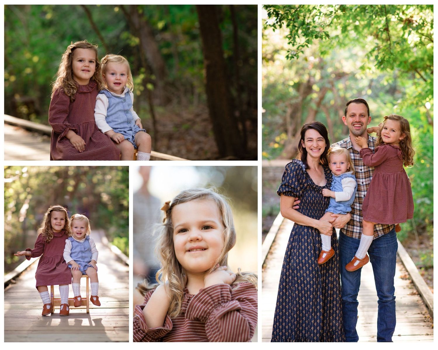 Family Fall Mini Session Austin Texas.  Sisters pose on a wooden bridge at sunset.  Mini-session fall minis