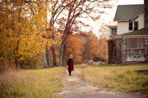 A series of autumn landscape photos showing houses and paths surrounded by golden fall foliage and trees.
