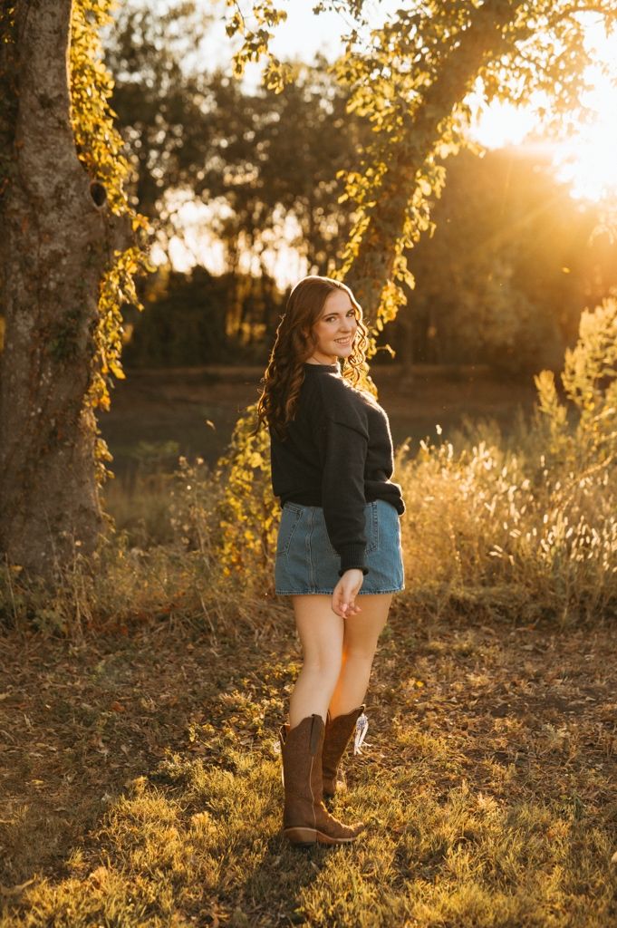 Golden sunset light illuminates a rustic autumn scene with tall trees and fallen leaves.