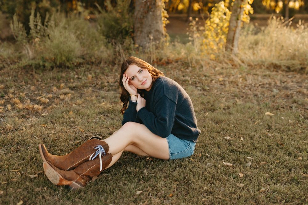 A series of outdoor portrait shots at golden hour showing movement and playful poses on a dirt path.