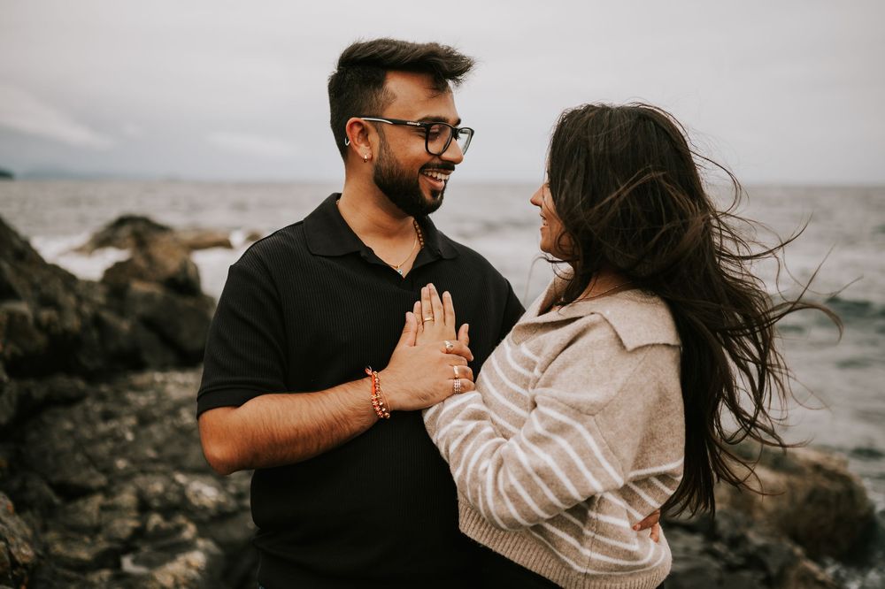 Neck Point Park, Nanaimo, Vancouver Island Engagement Photographer Photoshoot of couple smiling and looking at each other