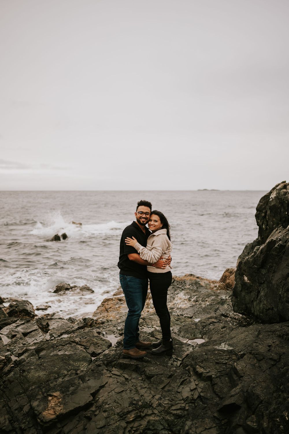 Neck Point Park, Nanaimo, Vancouver Island Engagement Photographer Photoshoot of couple hugging and looking at the camera