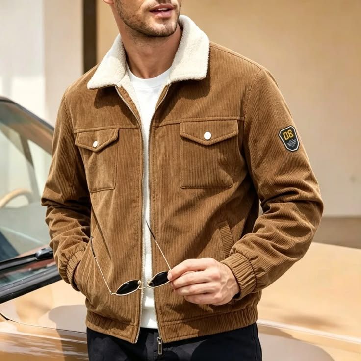 Man wearing a brown corduroy bomber jacket with sherpa collar, chest pockets, and patch detail, standing near a car.