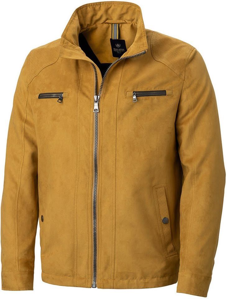 Men's mustard yellow suede moto jacket with zip chest pockets, stand collar, and silver hardware.