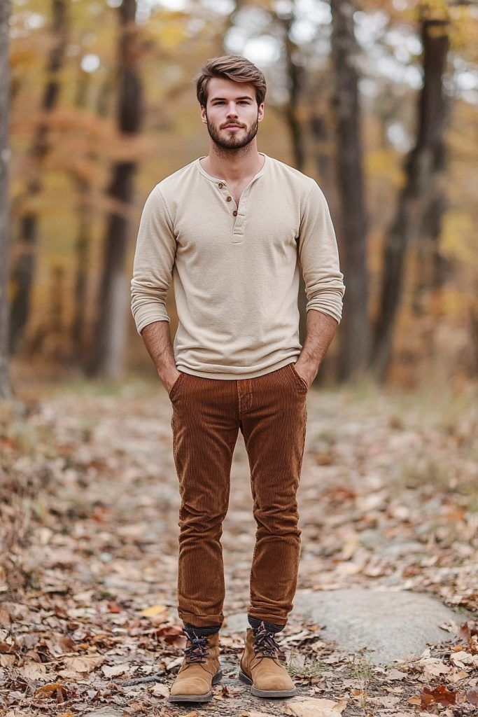 Person wearing beige sweater and brown corduroy pants stands in autumn forest surrounded by fallen leaves.
