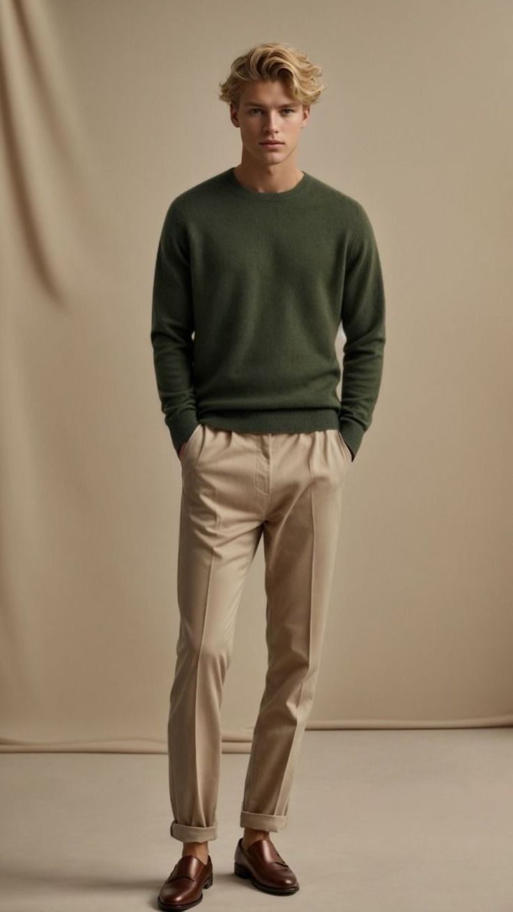 Fashion model wearing dark green sweater and khaki trousers poses in studio against beige background.