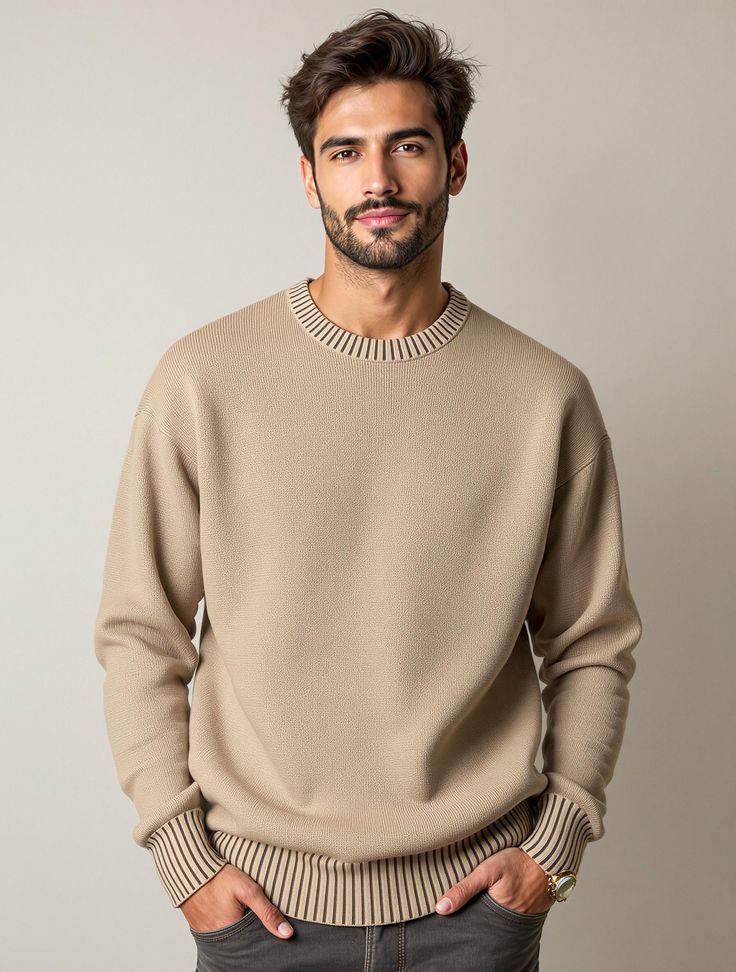 Model in beige knit sweater poses against neutral background showing different angles and expressions.