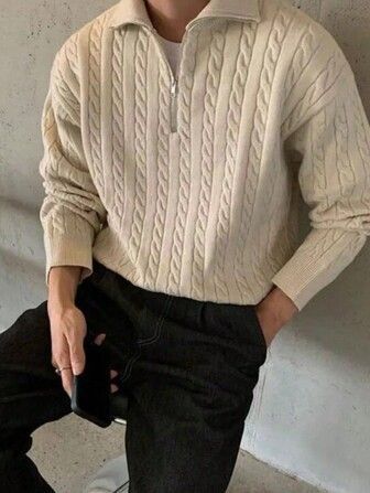 A stylish outfit featuring a cream cable knit sweater paired with high-waisted black trousers shown from different angles.