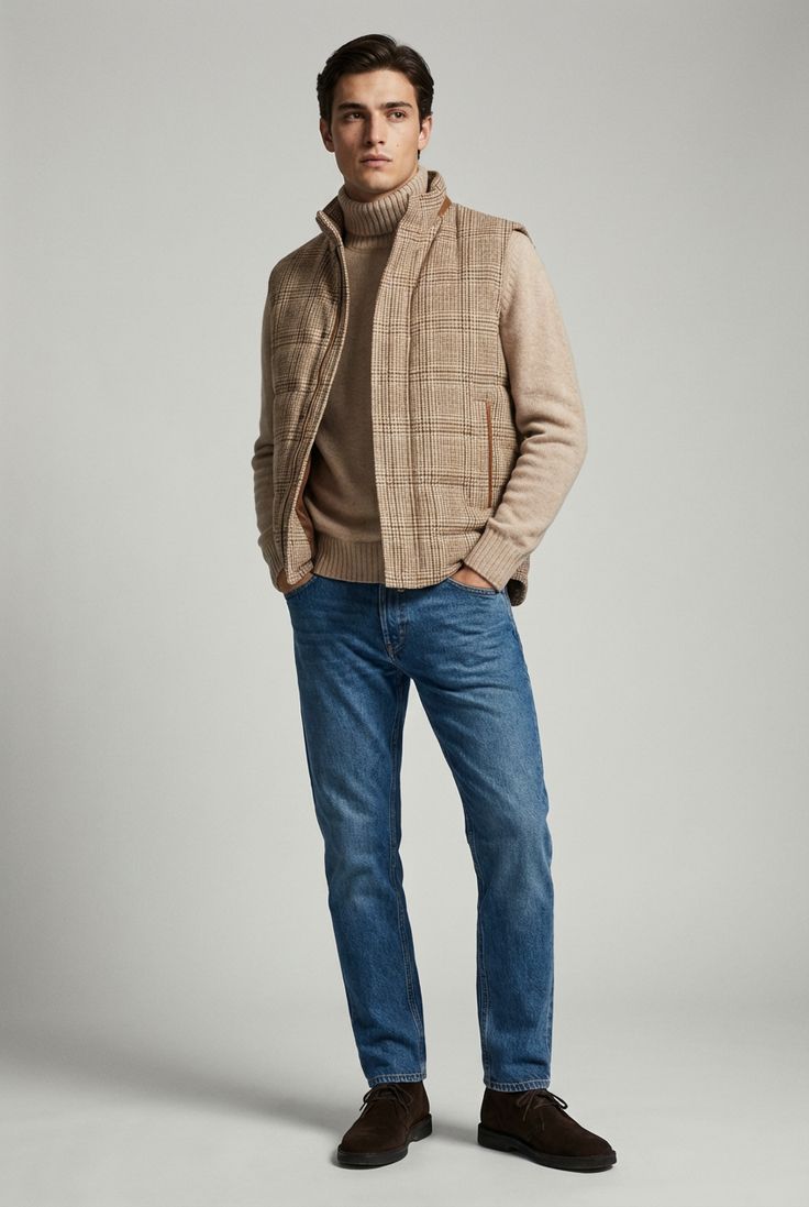Man wearing blue jeans, beige turtleneck sweater, plaid vest, and brown suede shoes in a casual smart outfit.