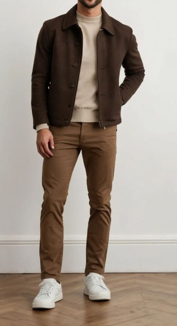 Man wearing dark brown wool jacket, beige knit sweater, tan slim chinos, and white sneakers in a stylish casual outfit.