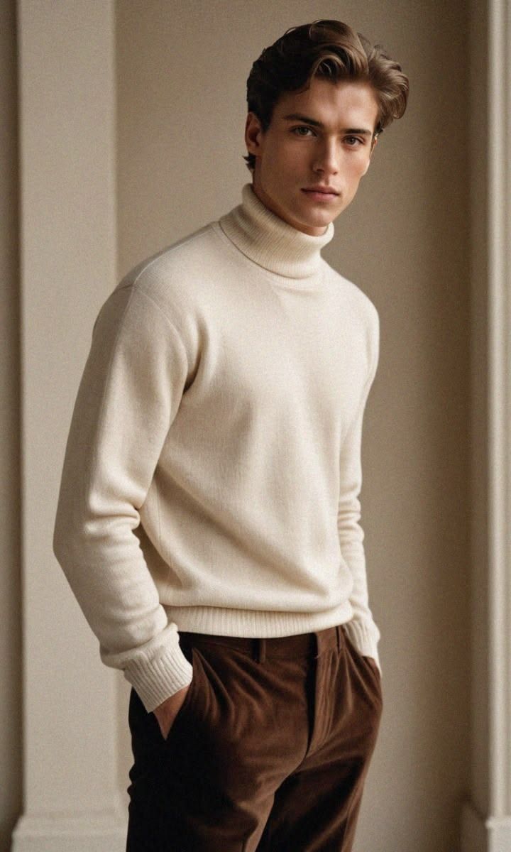 Young man in cream turtleneck sweater and brown corduroy trousers posing against neutral background.