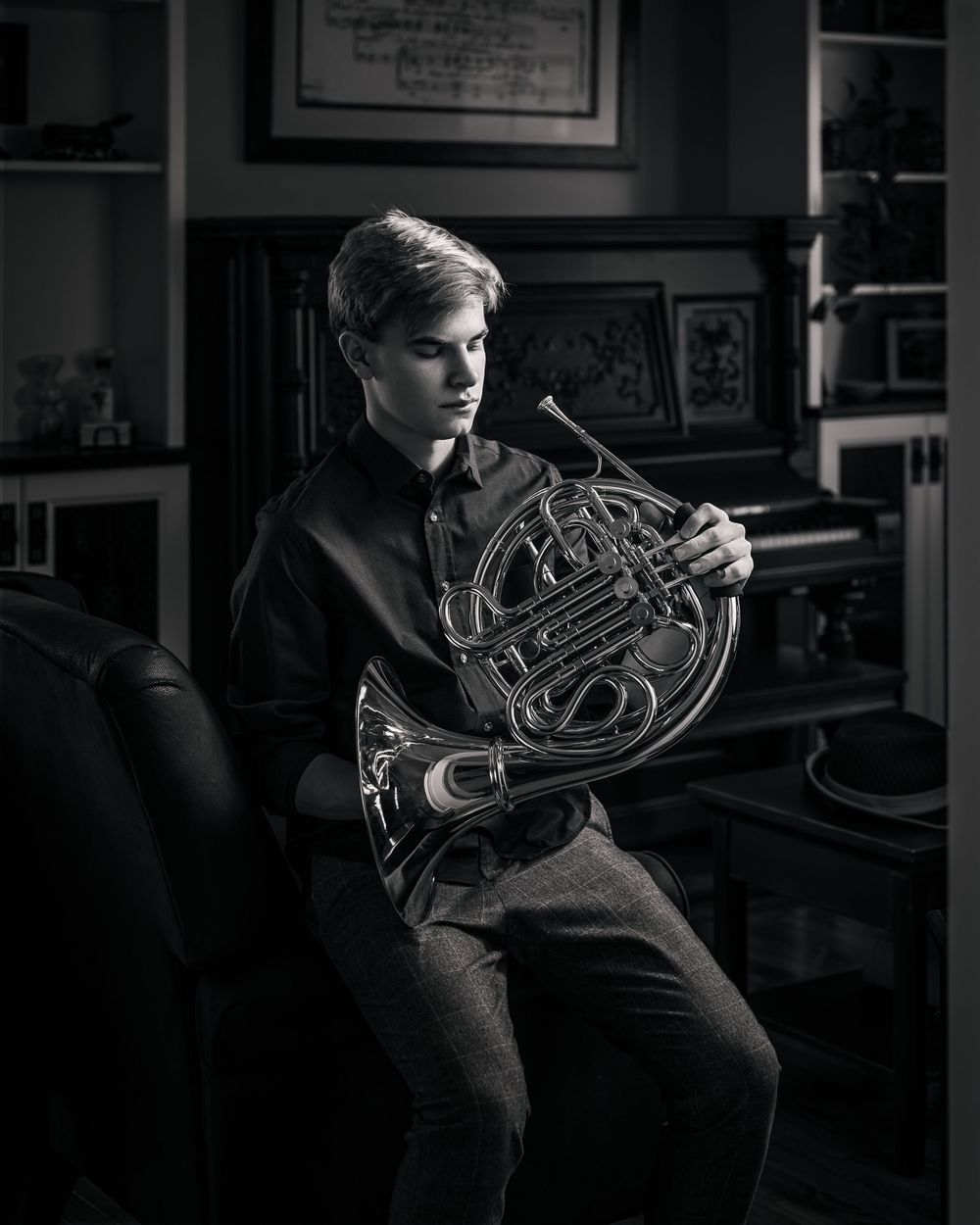 Musician/French horn player fine art portraiture by Tracey Richvalsky, Rhythm In Light Photography