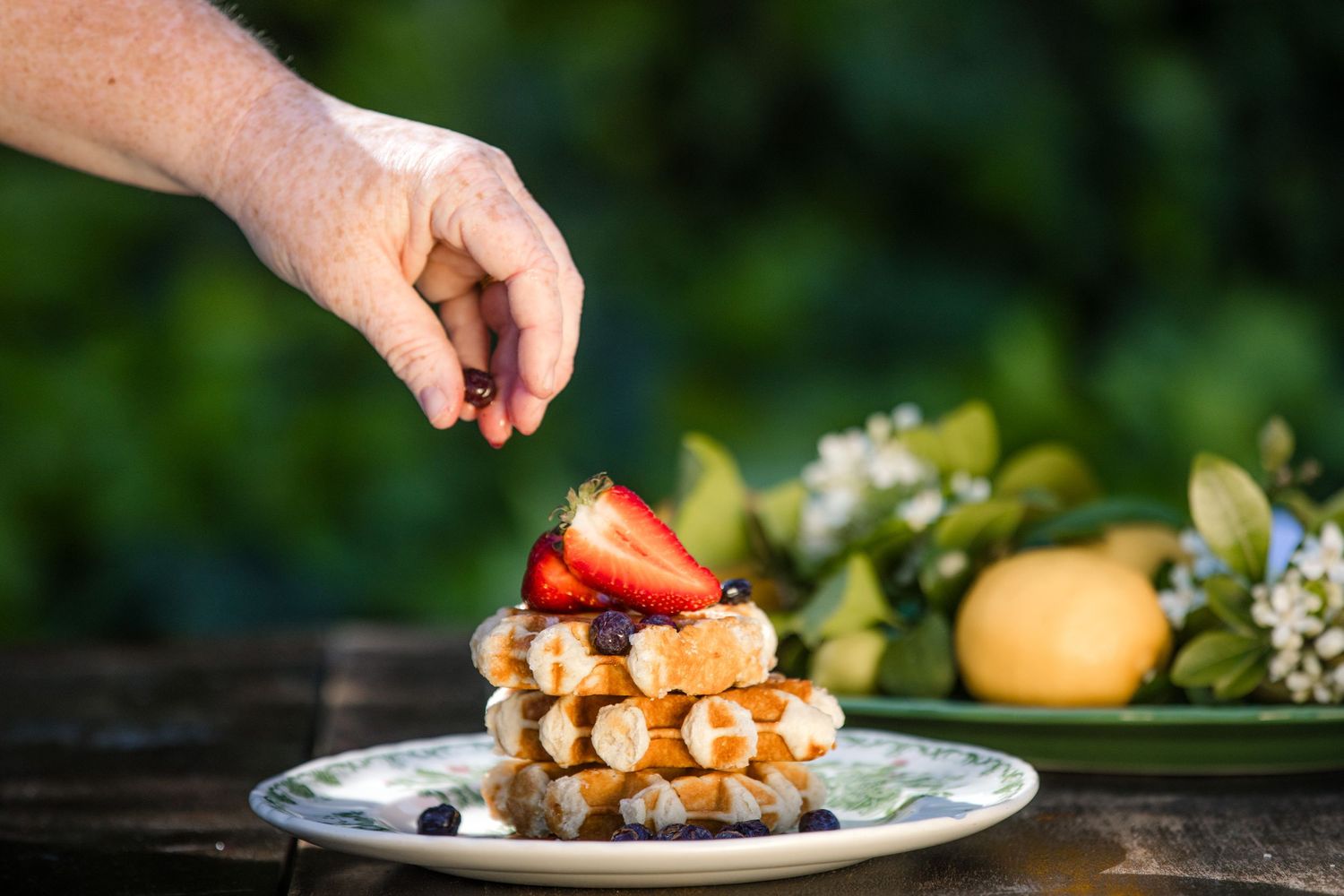 Fresh strawberries, waffles, and fruit arranged on plates with syrup drizzle in an outdoor garden setting.