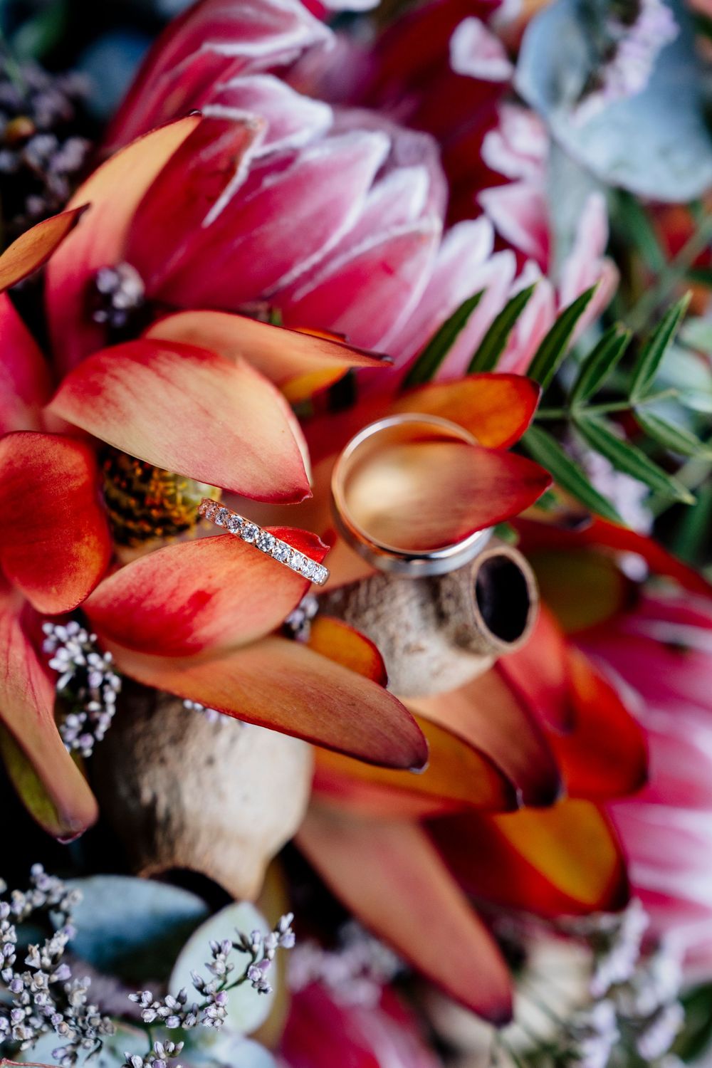 Wedding rings nestled among vibrant pink and orange flower petals with delicate baby's breath accents.