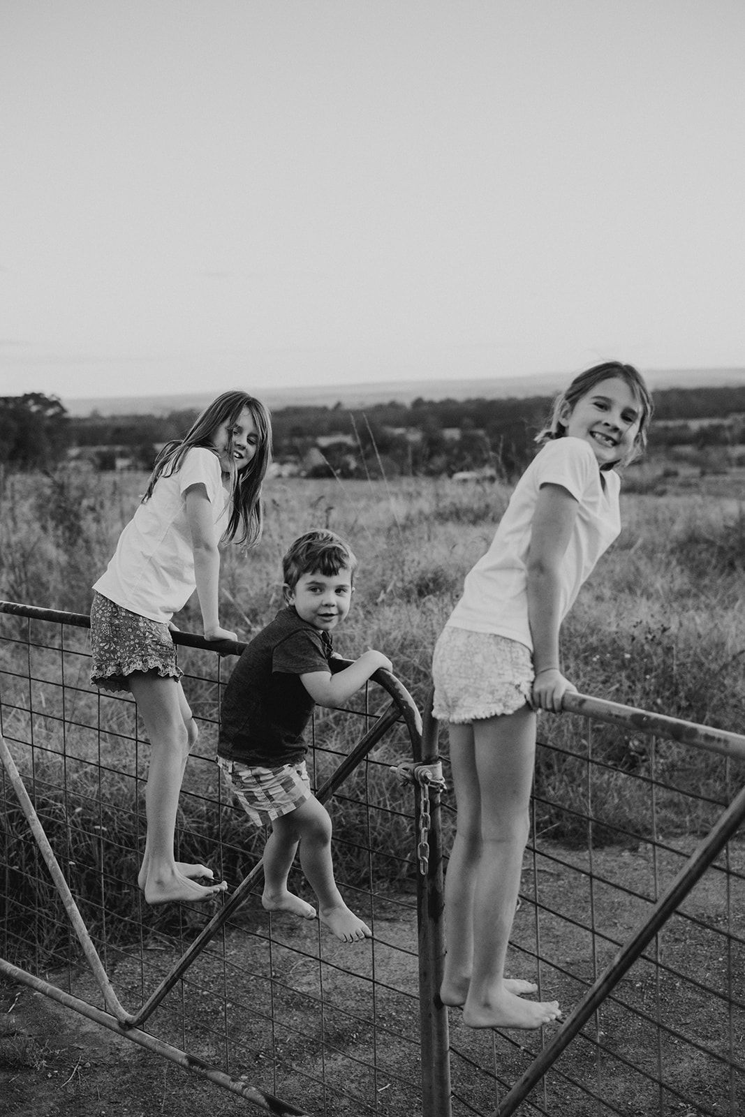 Children playing on metal gate in countryside at sunset.