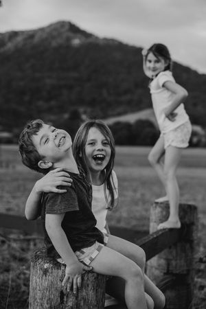 Three children laughing and playing on wooden stumps with mountains in background.