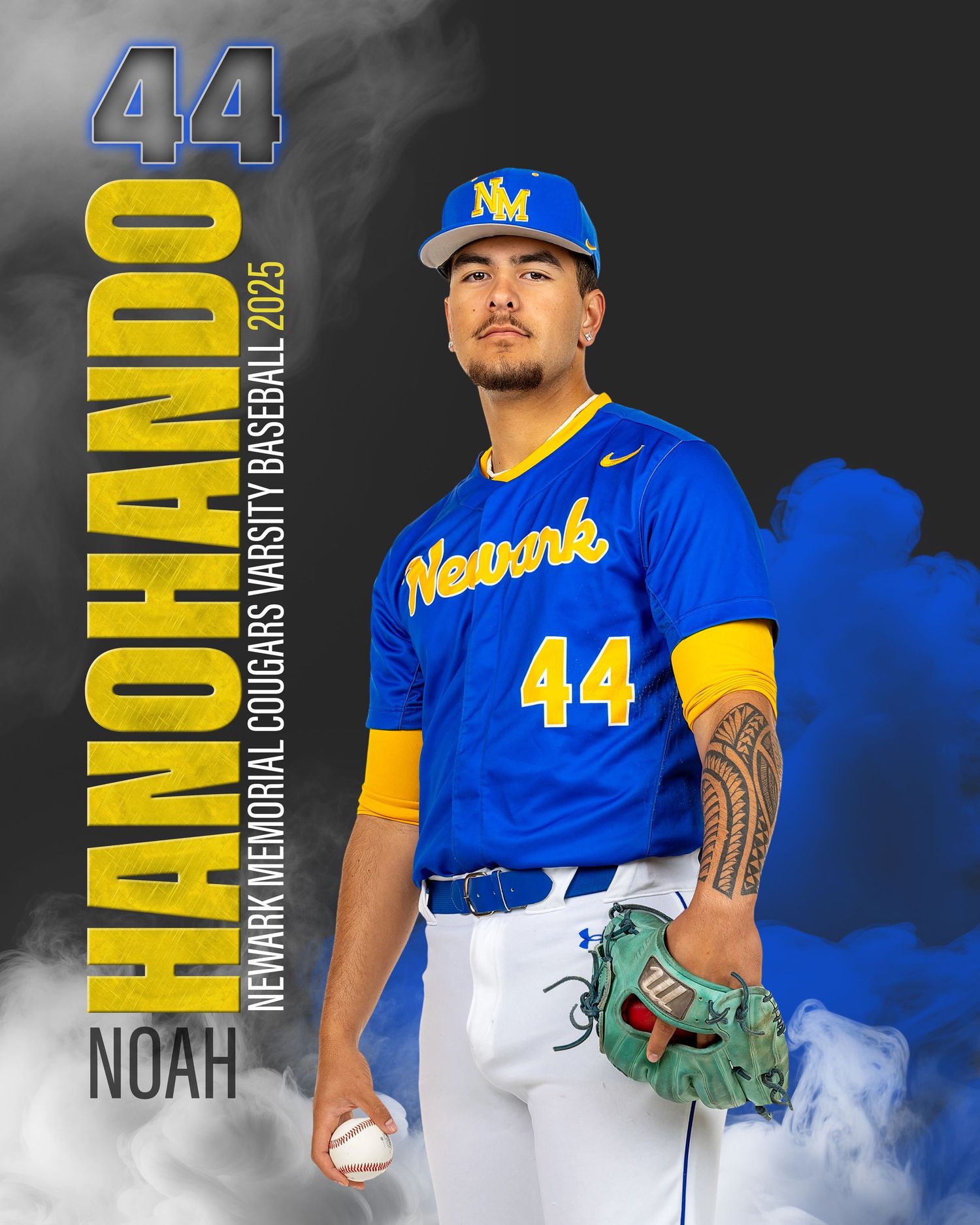 Baseball player wearing number 44 in blue and yellow Michigan Wolverines uniform poses against dark background.