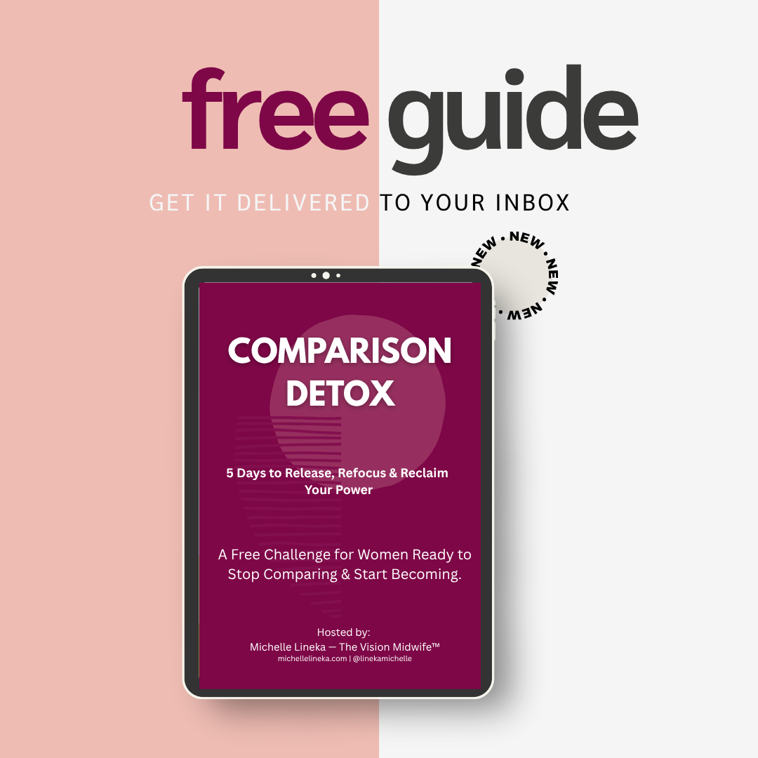 Three purple and white digital book cover mockups for a free guide about comparison and detox on a pink background.