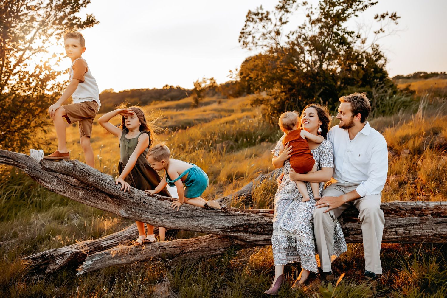 Family photo session on rustic wooden logs during golden hour in nature.