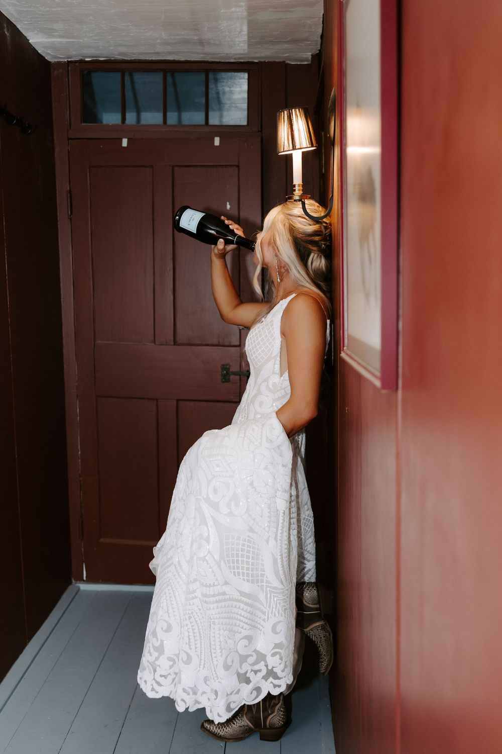 Bride taking advantage of some "liquid courage."