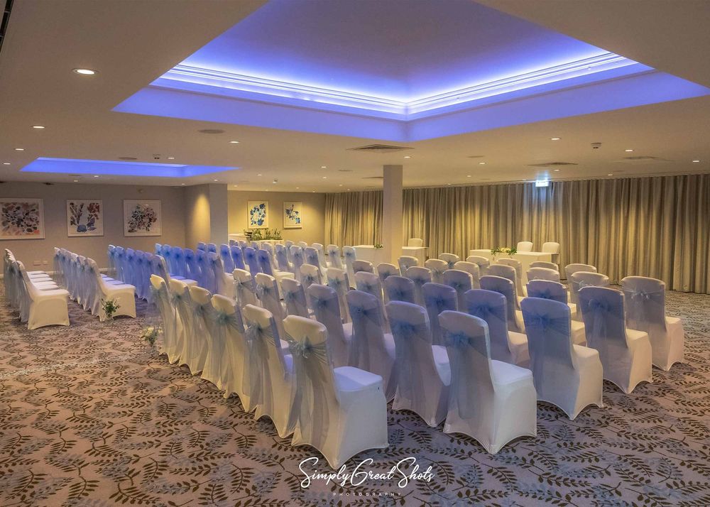 Bowden Hall wedding photographer captures the lakeside suite ready for a wedding ceremony