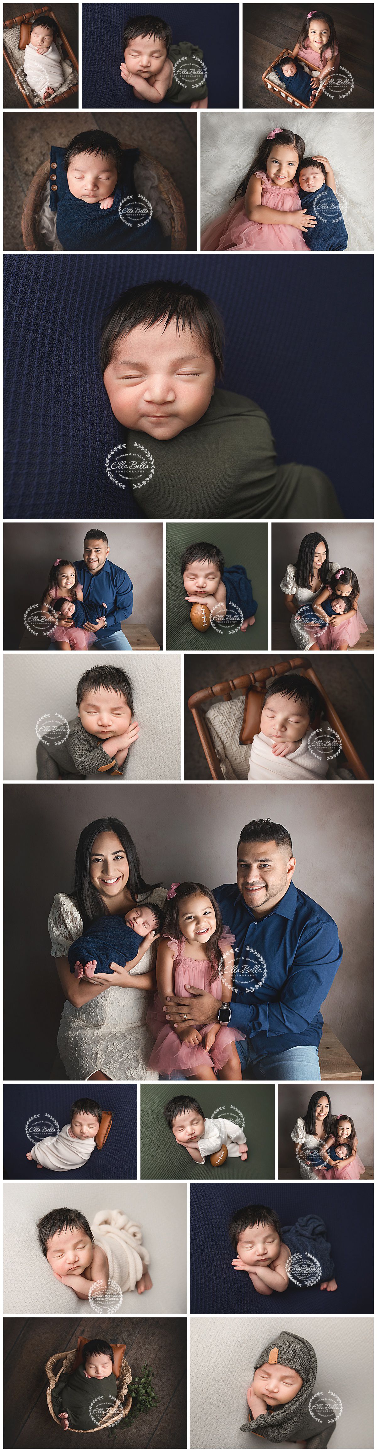 Professional studio photography session featuring tender family moments and sleeping newborn portraits in various poses and settings.