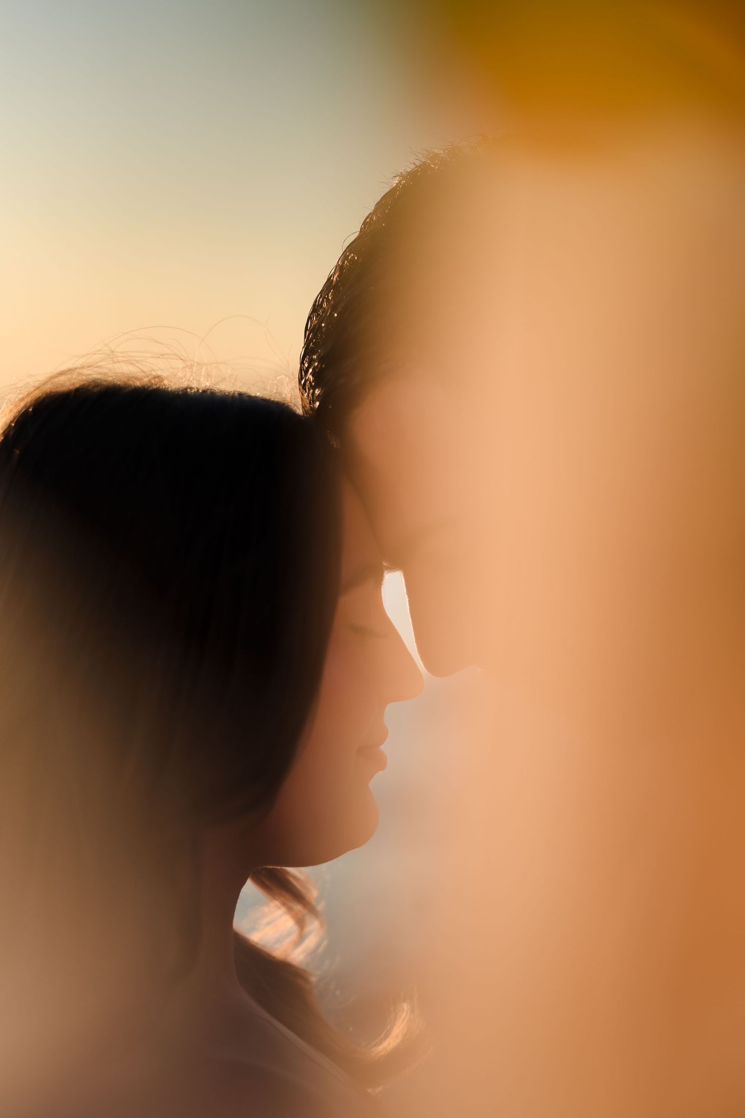 Silhouettes of a couple against a warm sunset background.