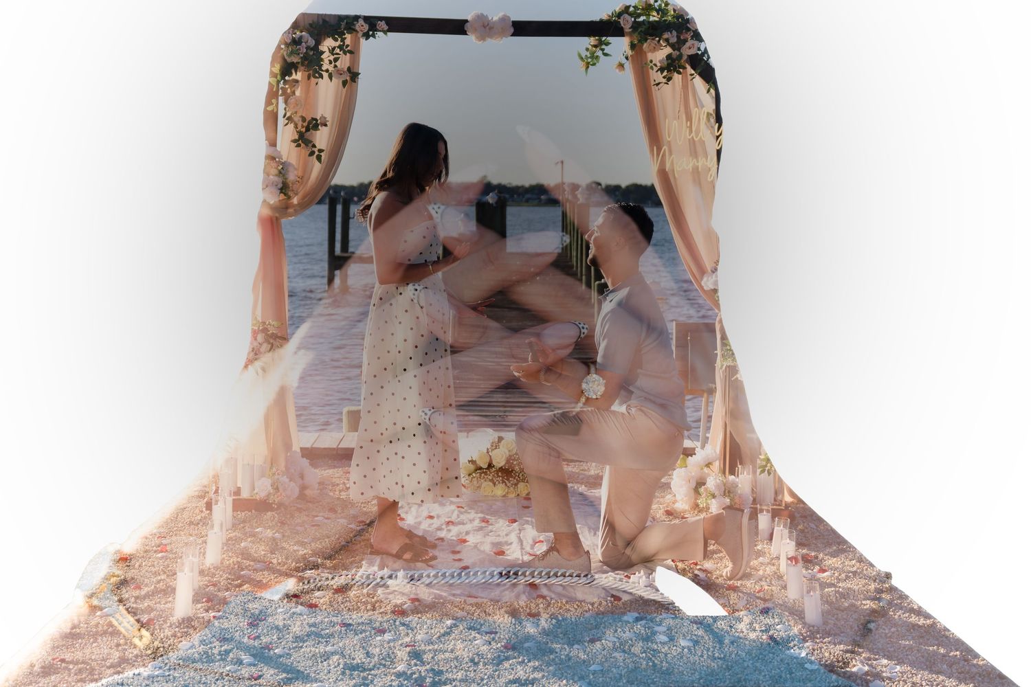 Multiple exposure artistic photo sequence on wooden dock at sunset.