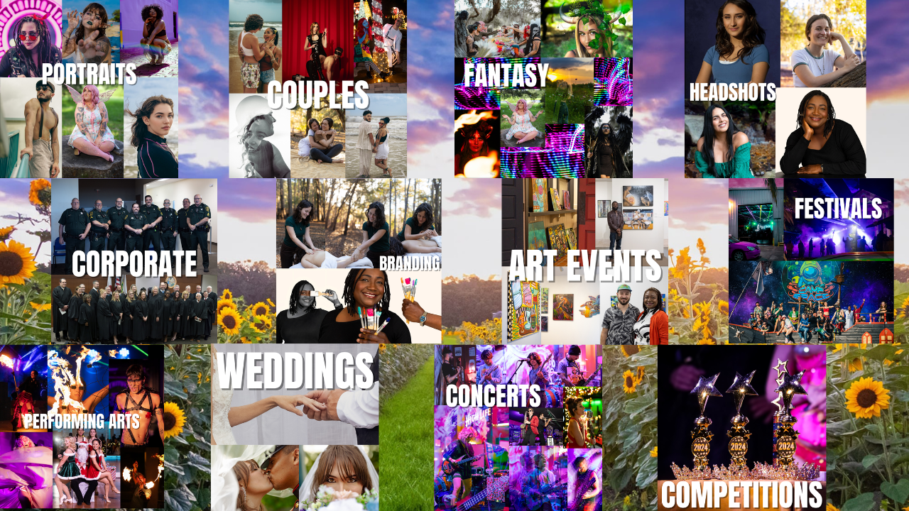 Photography services collage showcasing portraits, weddings, couples, festivals, concerts, and corporate events.