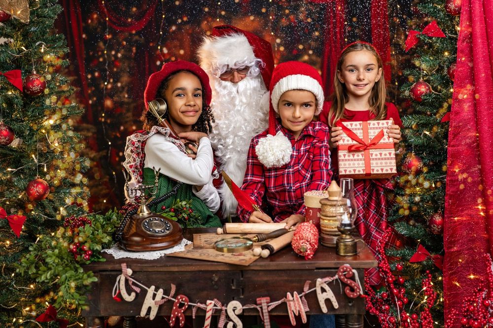 A festive Christmas scene with decorated trees, red curtains, and a group enjoying holiday treats and activities.