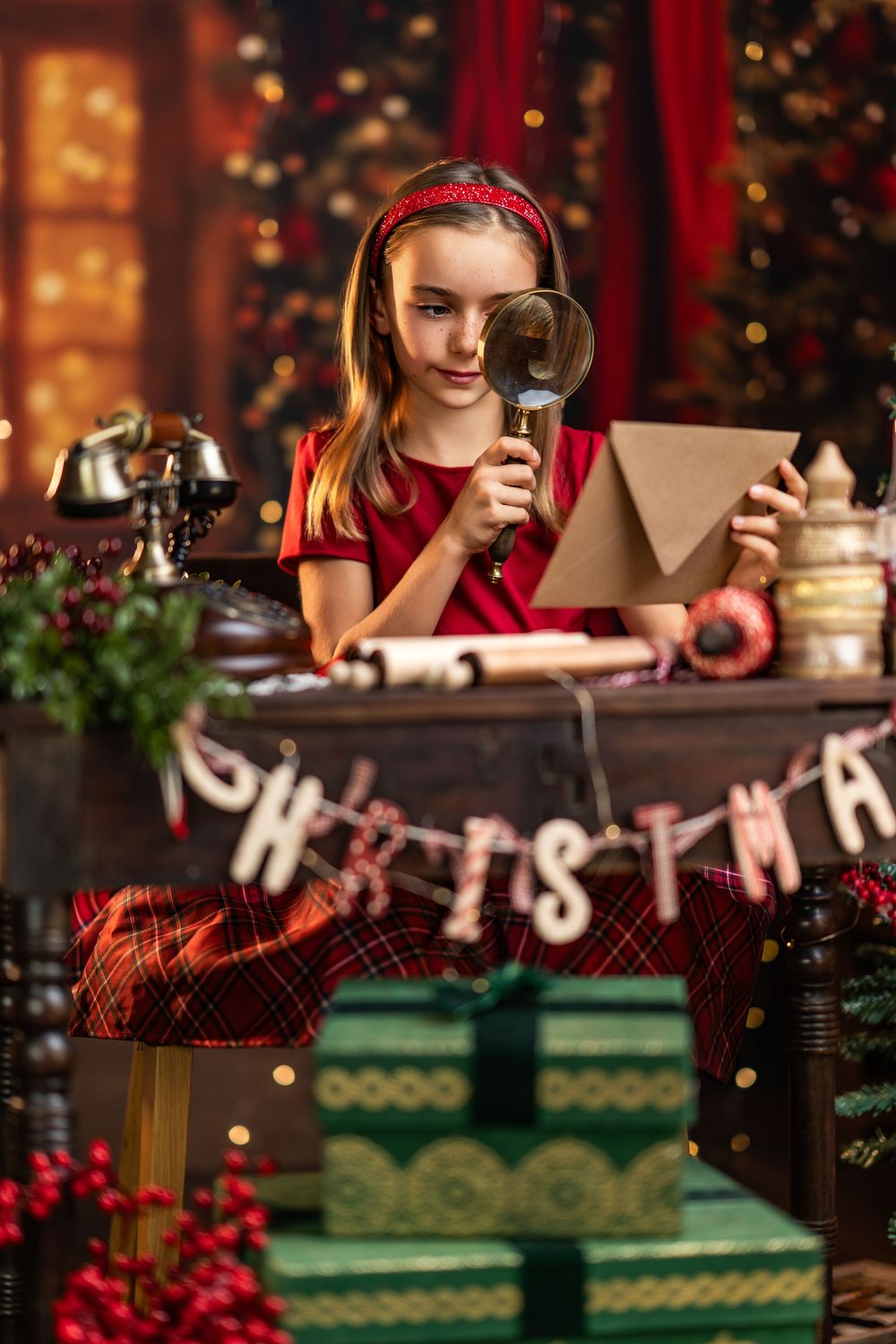 A festive holiday scene with a magnifying glass examining wrapped presents against a Christmas-themed backdrop with twinkling lights.
