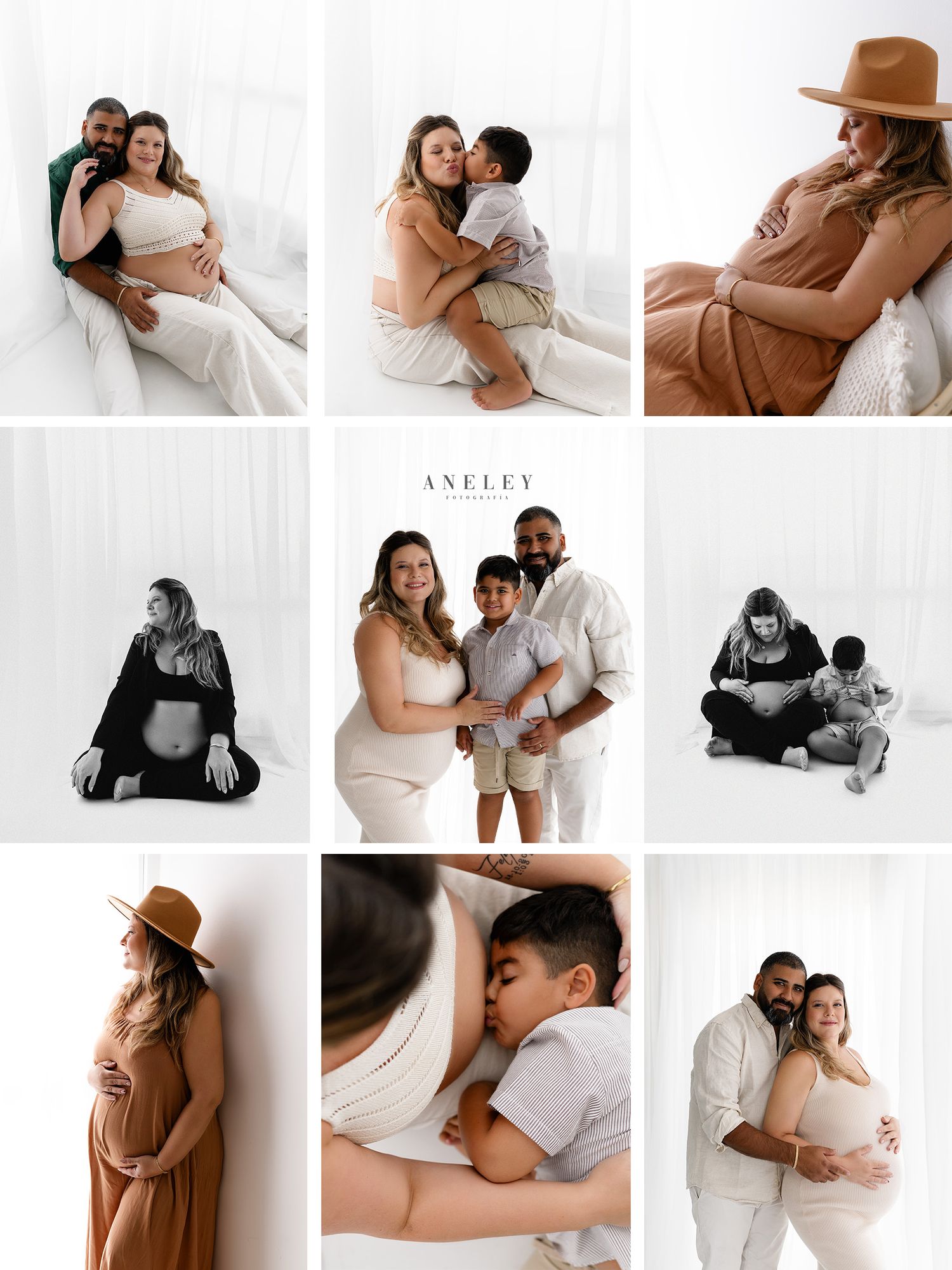 A collection of nine minimalist maternity photos in neutral tones showing intimate family moments and pregnancy portraits.