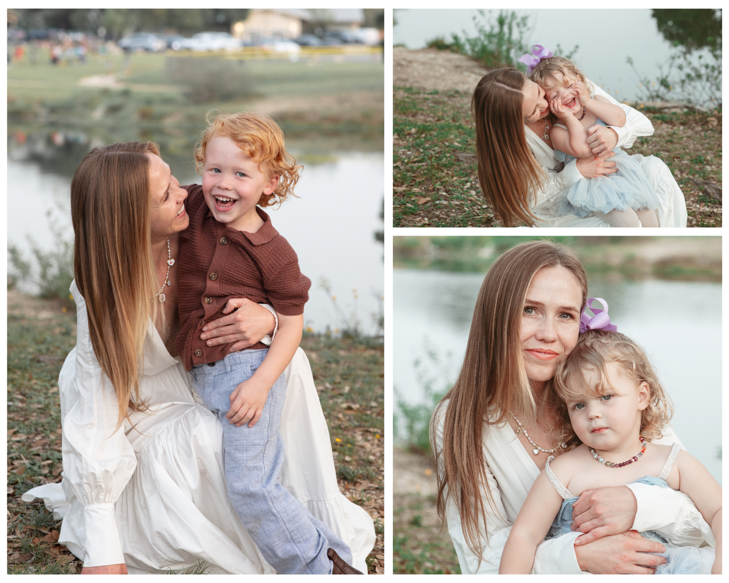 Three candid outdoor portraits featuring tender moments between a parent and child near a tranquil pond. Cedar Park Texas Family Photography